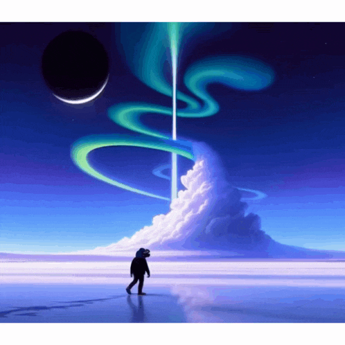 a painting of a person looking at the aurora borealis in the sky