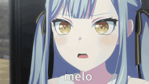 a close up of a girl 's face with the word melo on the bottom