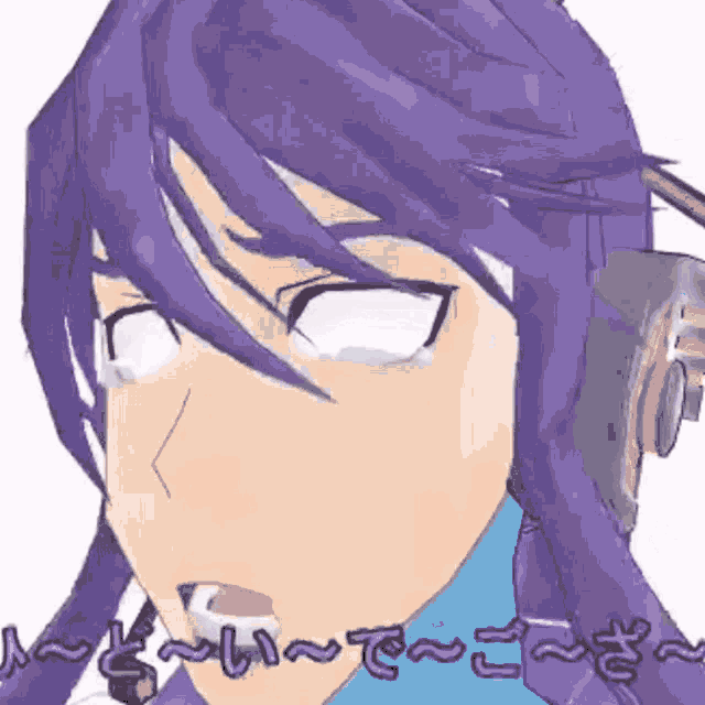 a close up of a purple haired anime character with headphones on
