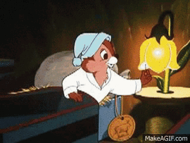 a cartoon of a squirrel holding a light next to a flower with makeagif.com written in the corner