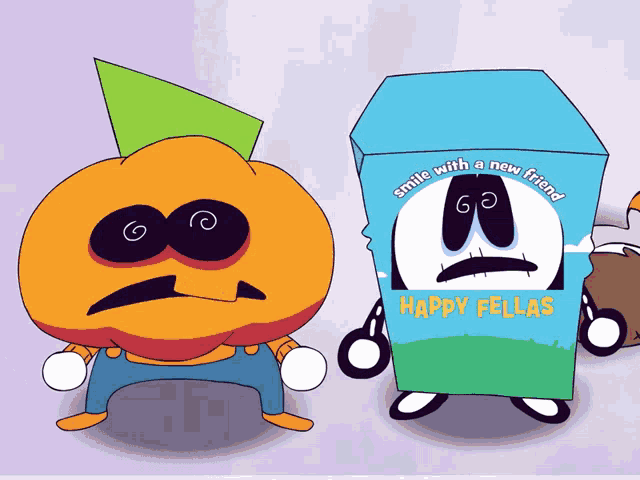 a cartoon of a pumpkin and a box that says " smile with a new friend "