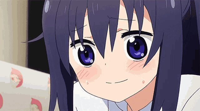 a close up of a anime girl with purple hair