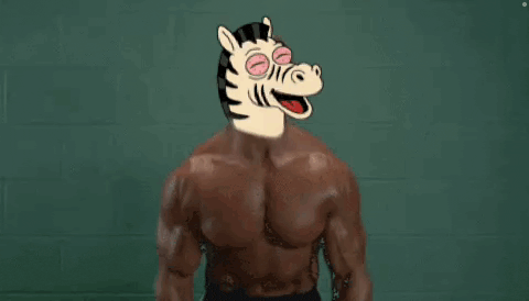 a man with a zebra head is holding two slices of pizza in his hands
