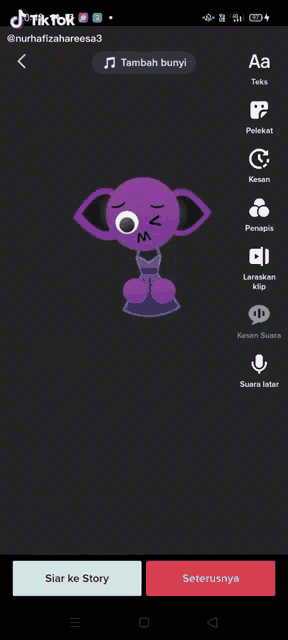 a purple cartoon character with a blue dress on is on a phone screen