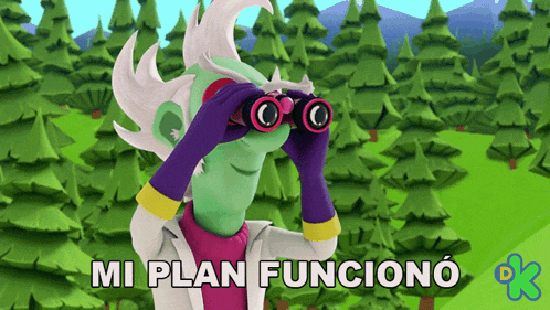 a cartoon character is looking through binoculars and the words mi plan funciono are below him