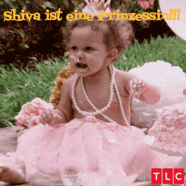a baby wearing a pink tutu and a pearl necklace with the words shiva ist eine prinzessin written on the bottom