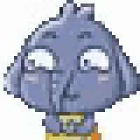 a pixel art drawing of a purple dog with a yellow shirt and a yellow collar .