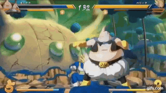 a cartoon character is fighting another character in a video game in a fighting game .