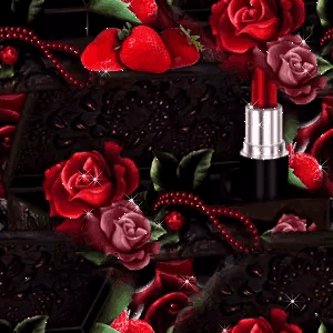 a red lipstick surrounded by red roses and strawberries on a black background