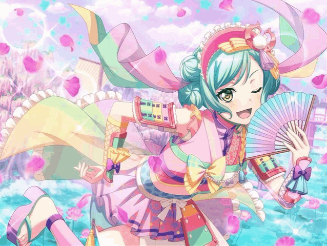 a girl with green hair is holding a fan and wearing a pink dress