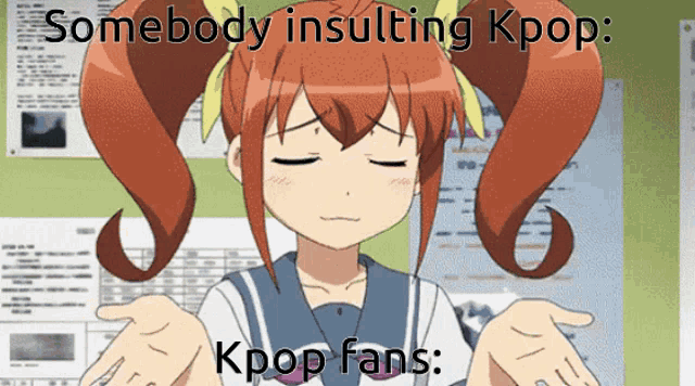 a girl with pigtails is making a funny face with the caption somebody insulting kpop