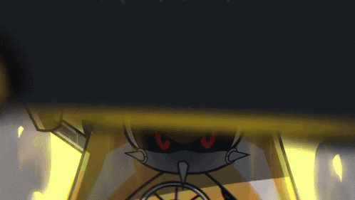 a cartoon drawing of a robot with red eyes and spikes