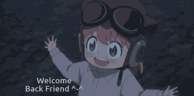 a little girl wearing a helmet and goggles says " welcome back friend "