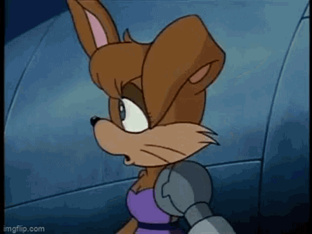 a cartoon rabbit is standing next to a microphone in a purple dress .