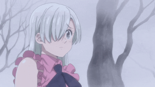 a girl with white hair and a pink shirt is standing in a foggy forest