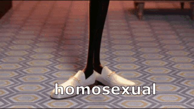 a person wearing white shoes that say homosexual