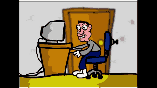 a cartoon of a man sitting at a desk with a computer on it