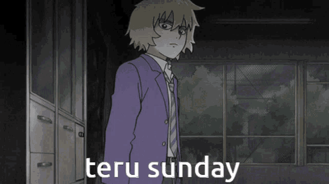 a cartoon of a boy in a suit and tie with the words teru sunday written below him