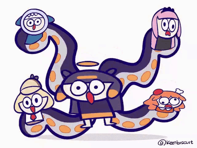 a drawing of a group of cartoon characters with the name keenbiscuit written on the bottom
