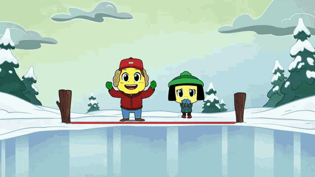 a cartoon of a boy and girl standing on a bridge in the snow