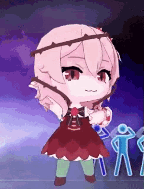 a little girl in a red dress is dancing in front of a crowd .