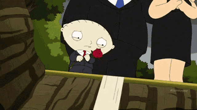a cartoon of a man in a suit and tie standing next to a woman holding a rose