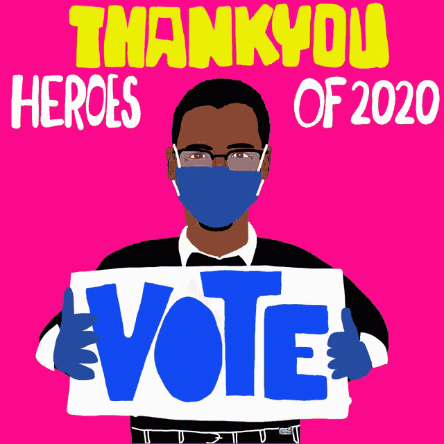 a cartoon of a man wearing a mask and holding a bag with the words thank you heroes of 2020 above him