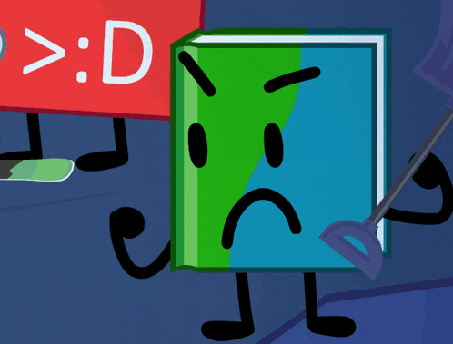 a cartoon drawing of a book with arms and legs and the letter d on its face