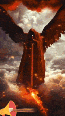 a painting of a grim reaper holding a sword with a megaphone in the foreground