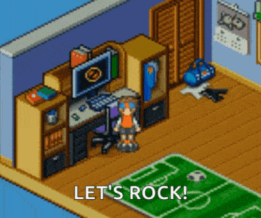 a pixel art room with the words let 's rock in the corner