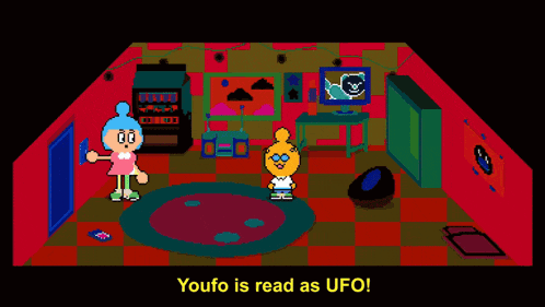 a pixel art illustration of a room with the words youfo is read as ufo