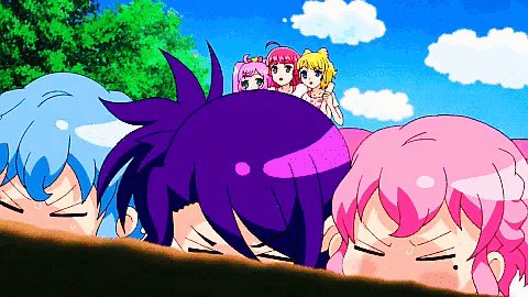 a group of anime characters are laying on the ground with their heads down