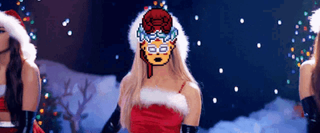 a pixel art of a woman wearing a santa hat and glasses