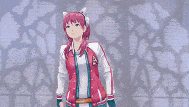 a girl with pink hair is wearing a pink and white jacket with the word supreme on it