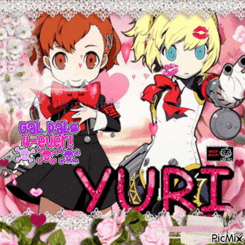 a picture of two anime girls with the name yuri in the middle