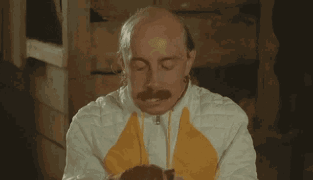a bald man with a mustache wearing a white and yellow jacket is looking at the camera .