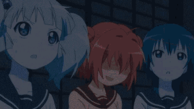 three anime girls are standing next to each other with one covering her face with her hand