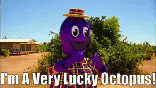 a purple octopus wearing a plaid shirt and straw hat says " i 'm a very lucky octopus "