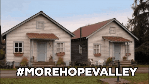 two houses with the words #morehopevalley written on the bottom