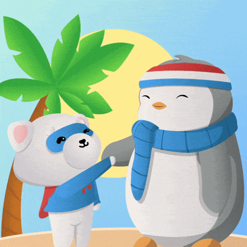 a penguin wearing a blue scarf shakes hands with a bear