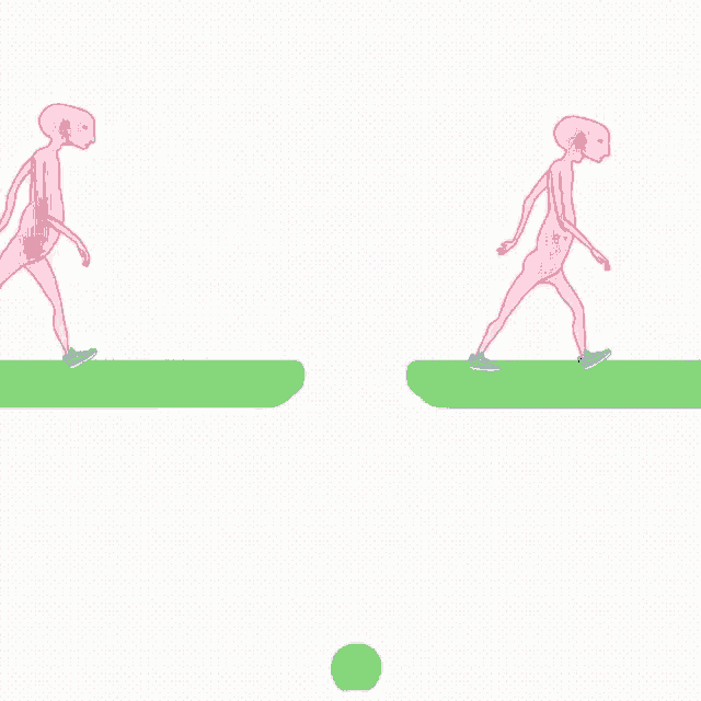 a cartoon of two pink aliens walking across a green line