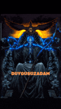 a grim reaper holding a scythe is surrounded by skulls and the words duygusuzadam