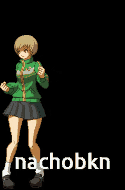 a pixel art drawing of a girl kicking with nachobkn written on the bottom