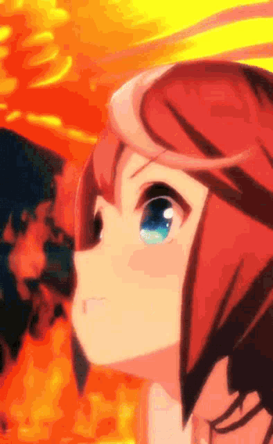 a close up of a girl with red hair and blue eyes looking up