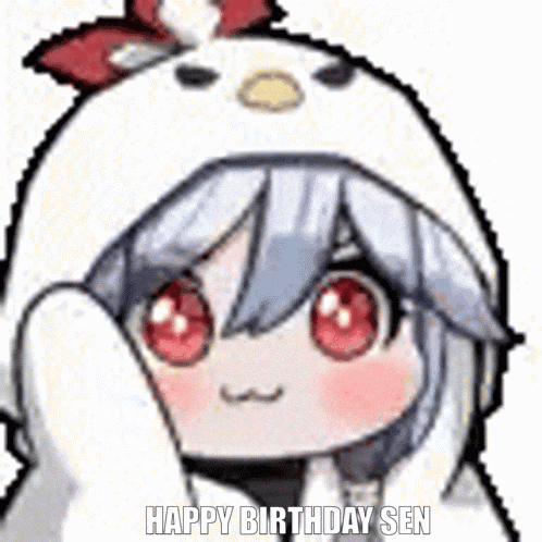 a cartoon of a girl wearing a chicken hat with the words `` happy birthday sen '' on it .