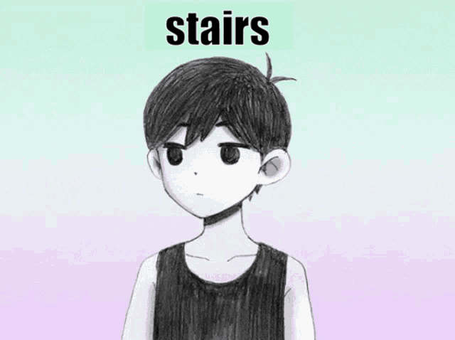 a black and white drawing of a boy with the word stairs above his head