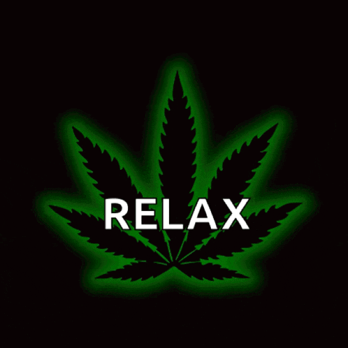 a marijuana leaf with the word relax written below it