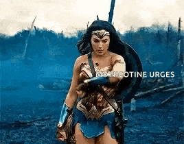 wonder woman is holding a shield and a sword in a field .
