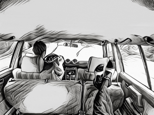a black and white drawing of two people sitting in the back seat of a car