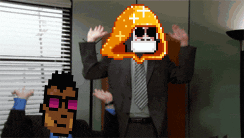 a man in a suit and tie stands next to a pixelated man wearing sunglasses